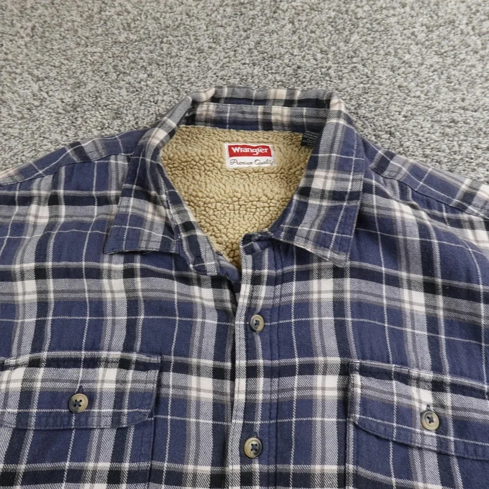 Wrangler Jacket Mens 3XL Blue Plaid Sherpa Lined Flannel Shirt Coat Warm Western
